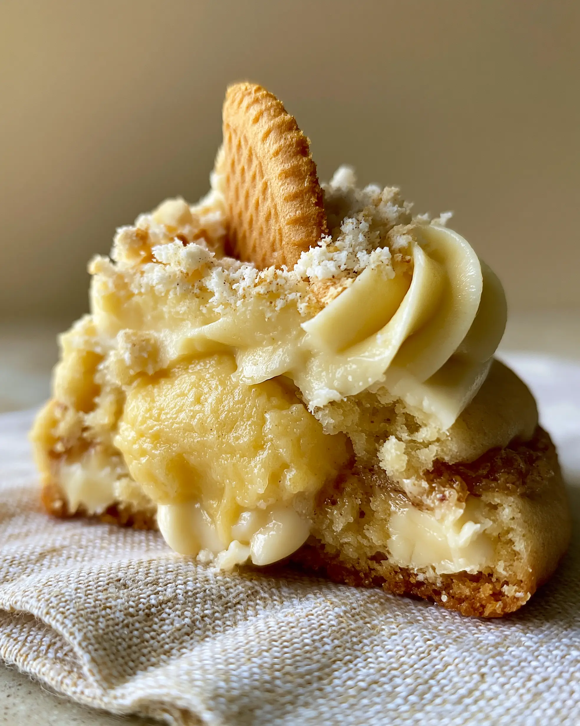 A close-up of a broken banana pudding cookie revealing a gooey, moist golden center with white chocolate chips. (banana pudding cookies)