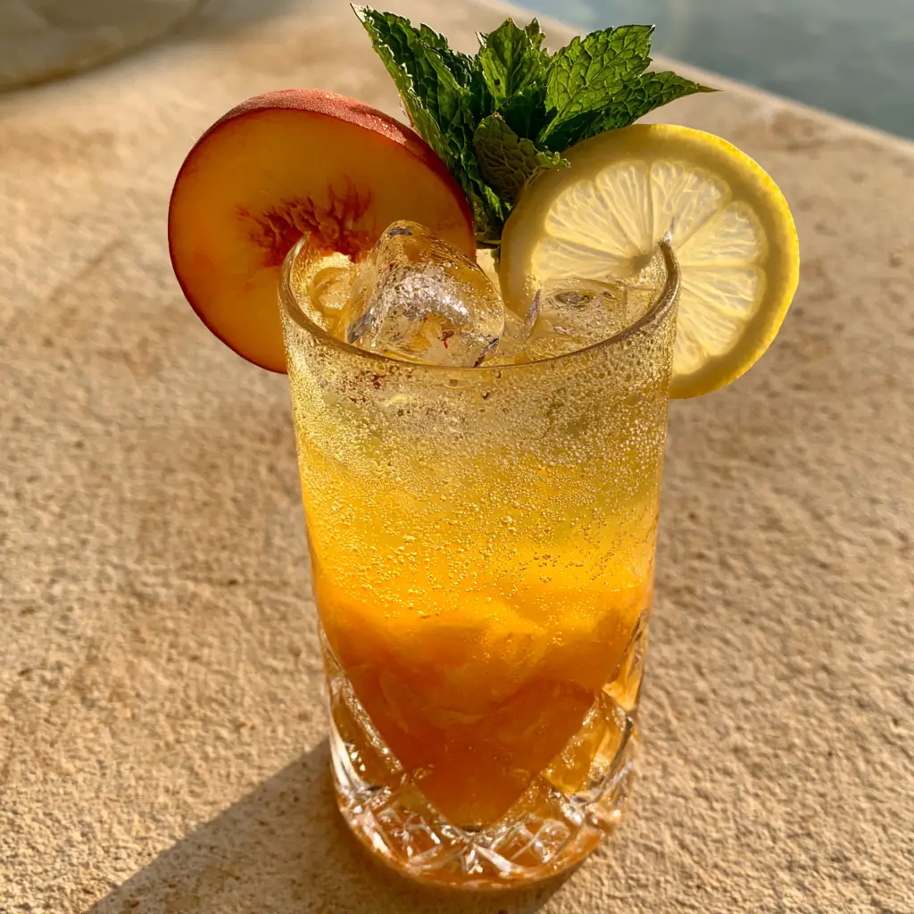 Beach Peach Lemonade Cocktail on a sandy stone surface in warm natural golden hour light, garnished with fresh mint and lemon.