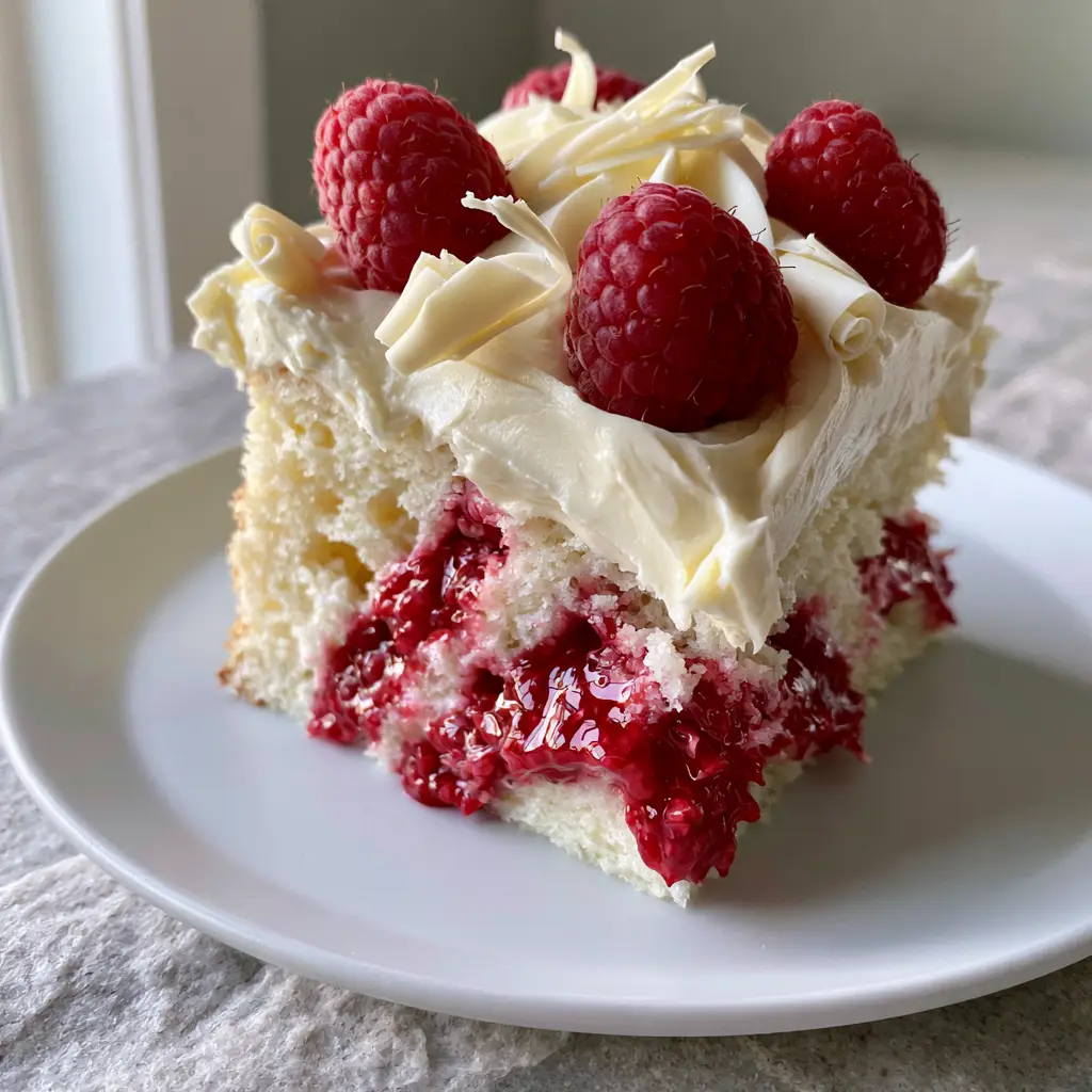Overhead view of White Chocolate Raspberry Poke Cake highlighting the fresh raspberries and white chocolate shavings.