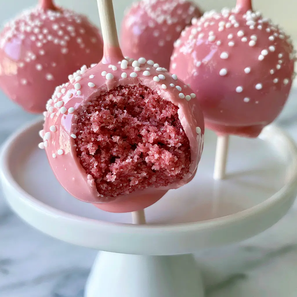 Glossy pink cake pops on a minimalist ceramic stand over a marble countertop.