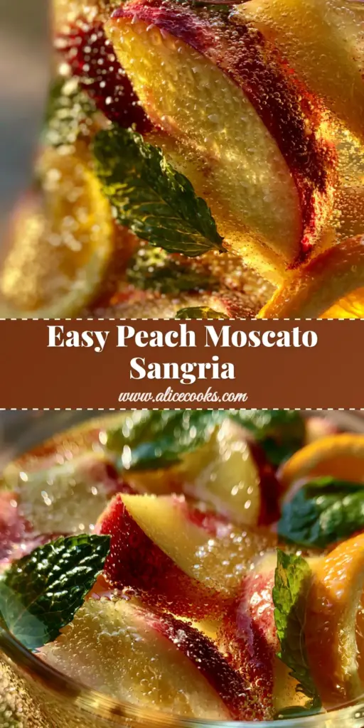 A crystal pitcher filled with pale-gold Peach Moscato Sangria featuring bubbles, peach slices, and mint sprigs.