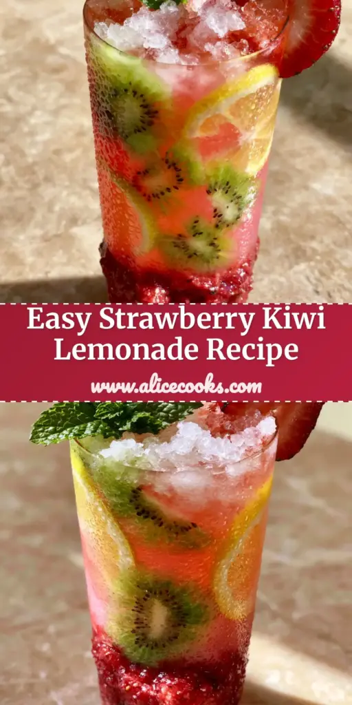 A tall sweating glass of Strawberry-Kiwi Lemonade with visible layers of strawberry puree, pink lemonade, and kiwi wheels. (Strawberry-Kiwi Lemonade)