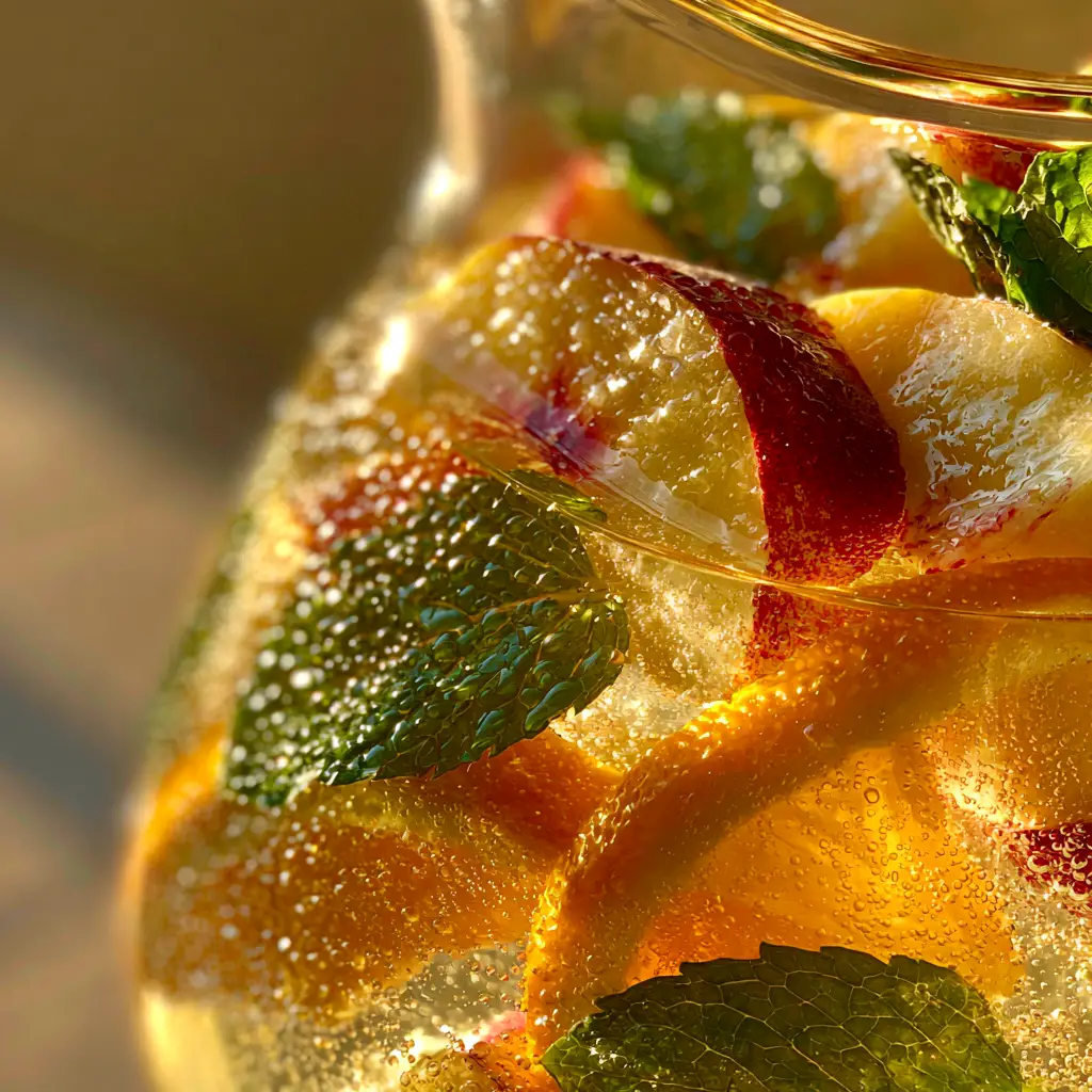 Top-down view of the Peach Moscato Sangria with glistening condensation on the glass and vibrant mint leaves.
