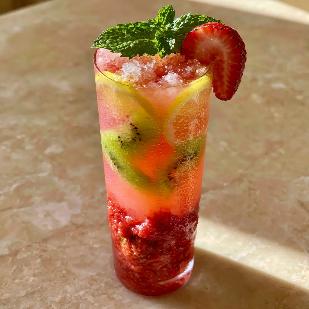 A handheld photo showing the thick red strawberry puree and crushed ice of a Strawberry-Kiwi Lemonade.