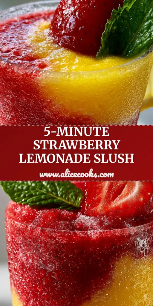 A tall glass of Frozen Strawberry Lemonade Slush with ruby-red and yellow swirls, garnished with mint and a lemon wheel.