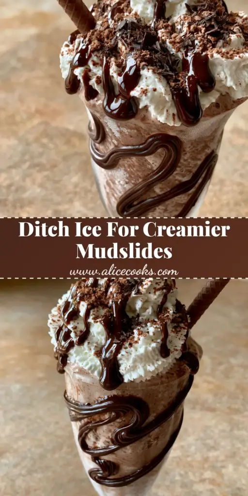 A towering frozen mudslide cocktail with whipped cream, cocoa dusting, and a chocolate wafer stick on a stone countertop. (frozen mudslide)
