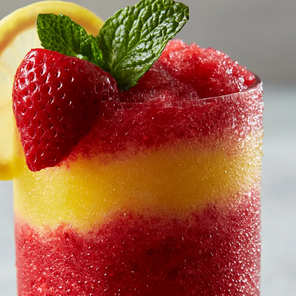 Frozen Strawberry Lemonade Slush showing the bright yellow lemon puree swirl in a beaded glass.