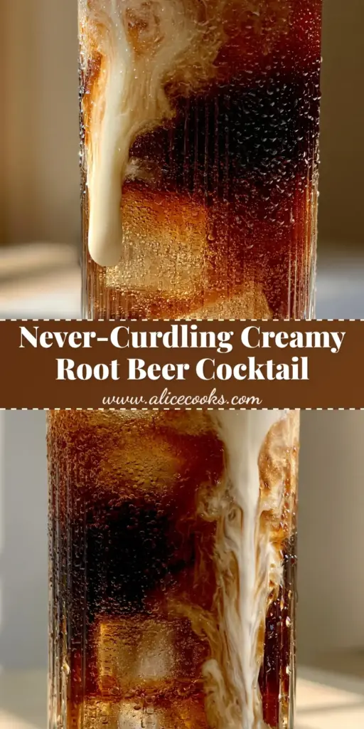 A tall vintage ribbed highball glass filled with a creamy root beer rum cocktail, showing dark soda, square ice, and cascading cream swirls with a cinnamon-dusted foam top.