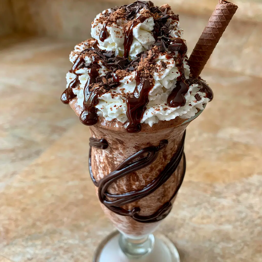 Close up view of a mountain of whipped cream and chocolate shavings on a frozen mudslide. (frozen mudslide)