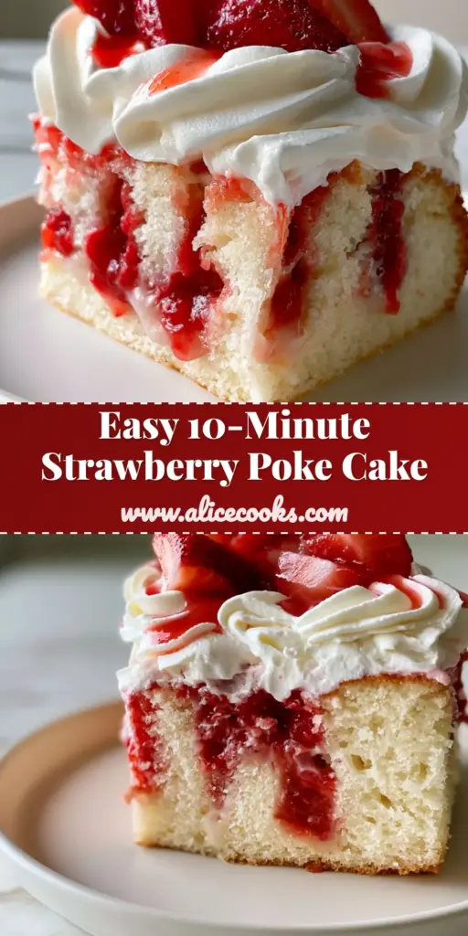 A top-down view of a strawberry poke cake in a 9x13 pan, featuring thick swirled whipped cream, fresh sliced strawberries, and a glossy red syrup drizzle.