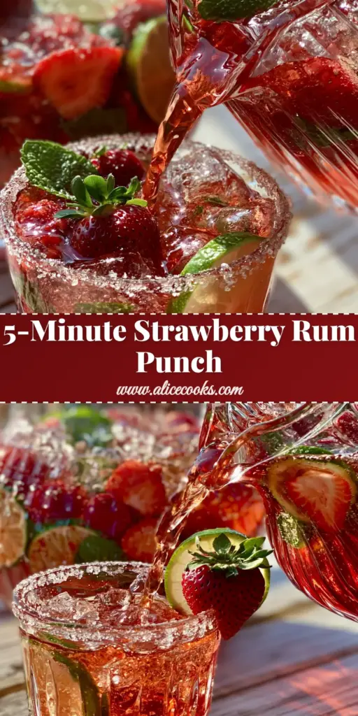 A tall crystal tumbler of strawberry rum cocktails with a sugared rim, lime wheel, and fresh mint on a wooden table.