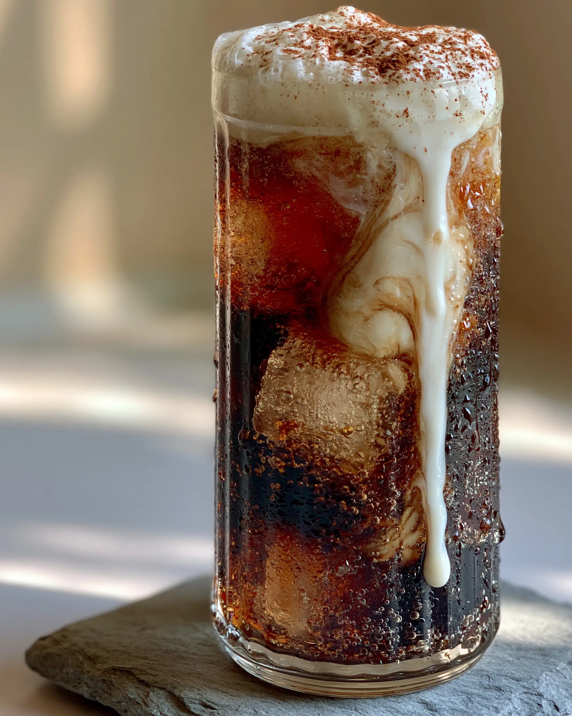 Handheld photo of a creamy root beer rum cocktail in a ribbed glass with visible carbonation and cinnamon dusting. (creamy root beer rum cocktail)