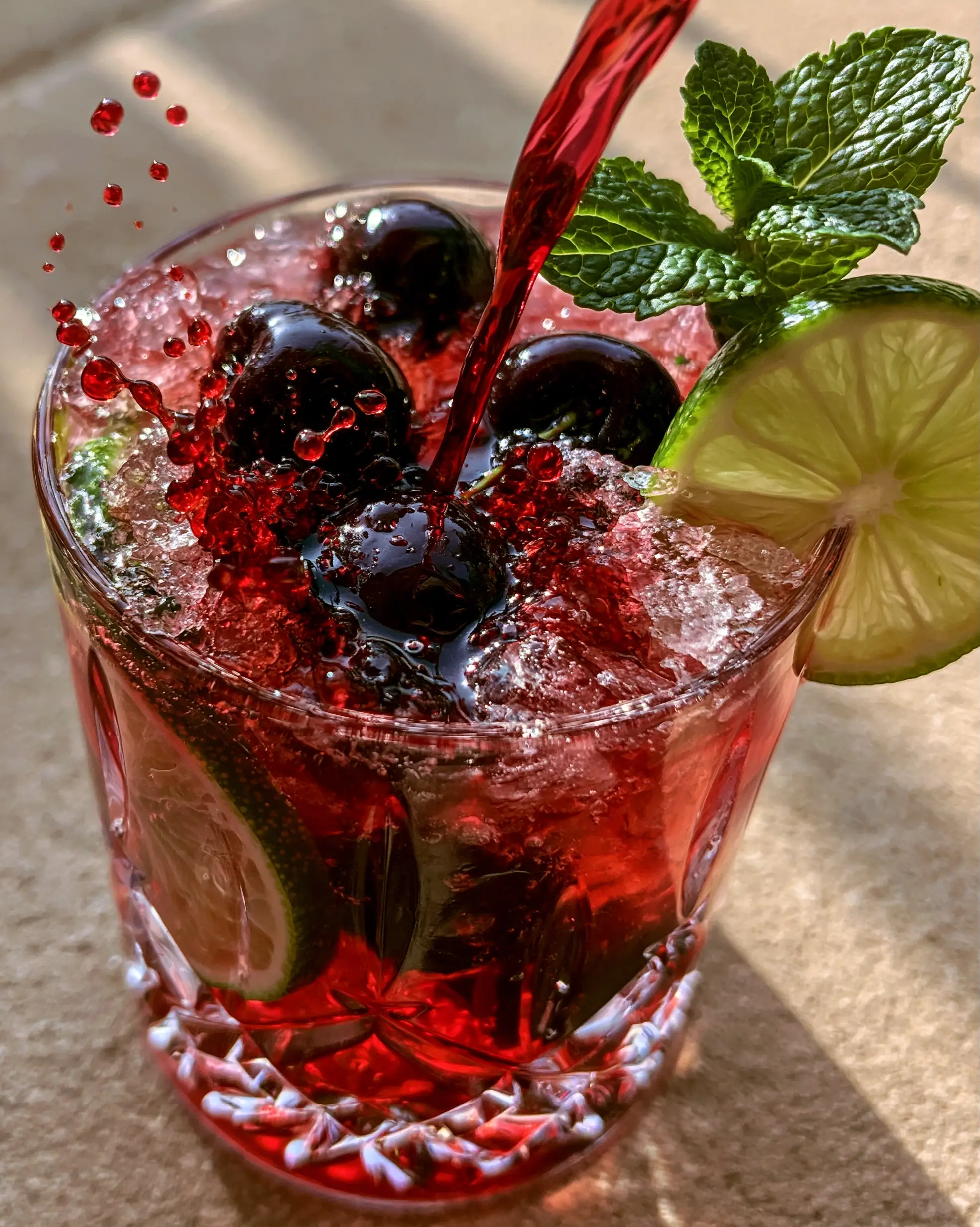 High-angle shot of a Tropical Cherry Rum Cocktail with splashing cherry liqueur and crushed ice.
