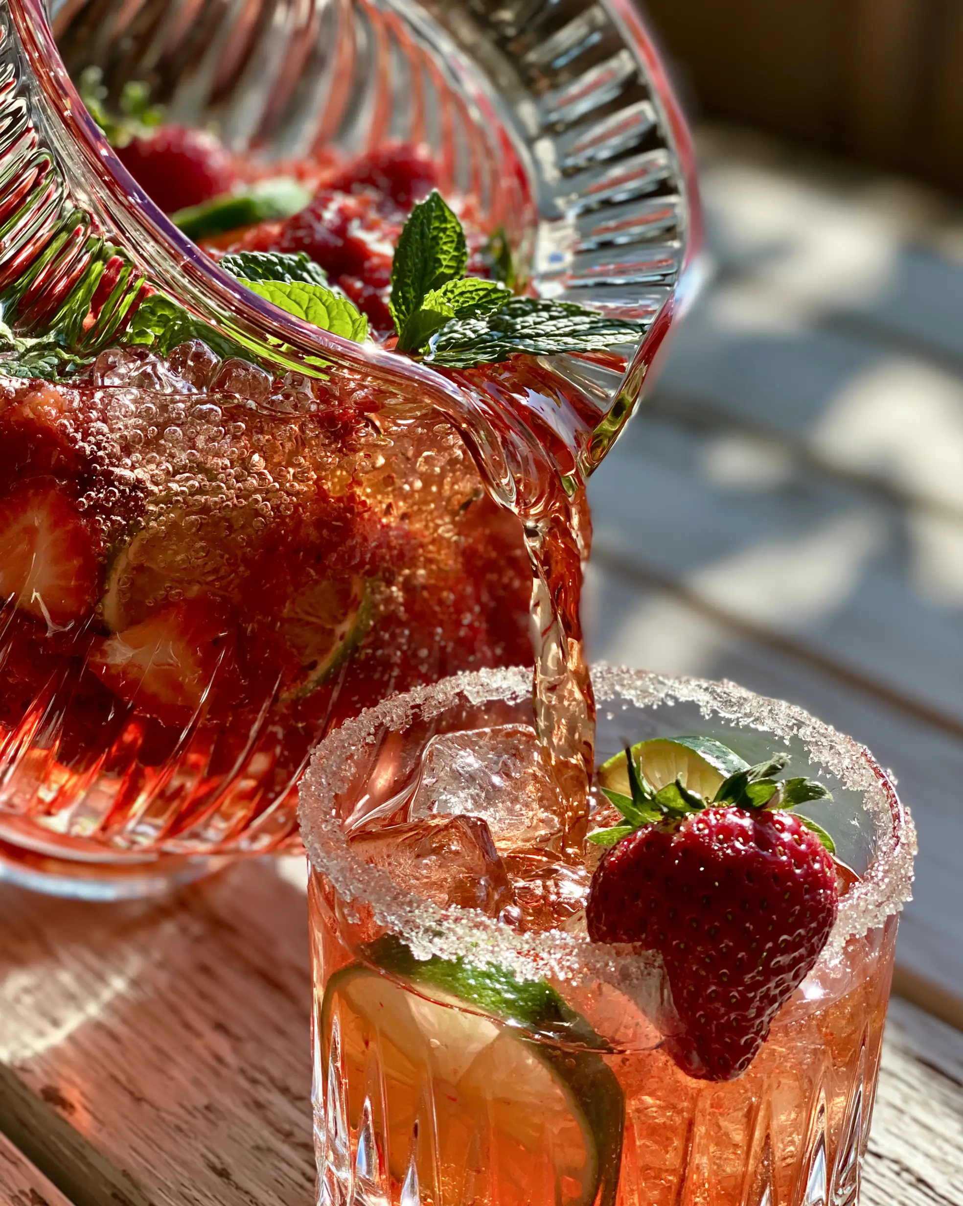 Action shot of translucent ruby-red strawberry rum cocktails pouring from a ribbed pitcher into a crystal tumbler.
