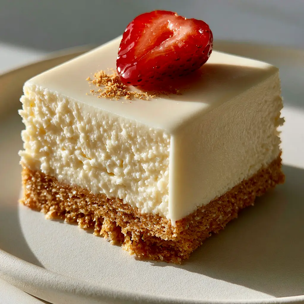 High-angle shot of No Bake Cheesecake Bars on a matte off-white ceramic plate with glossy strawberry garnish.