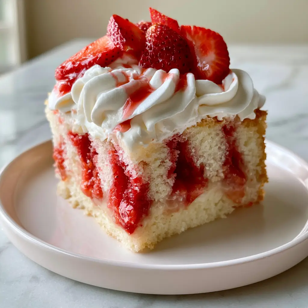 Handheld smartphone photo of a strawberry poke cake slice on a modern matte white ceramic plate with a marble background.