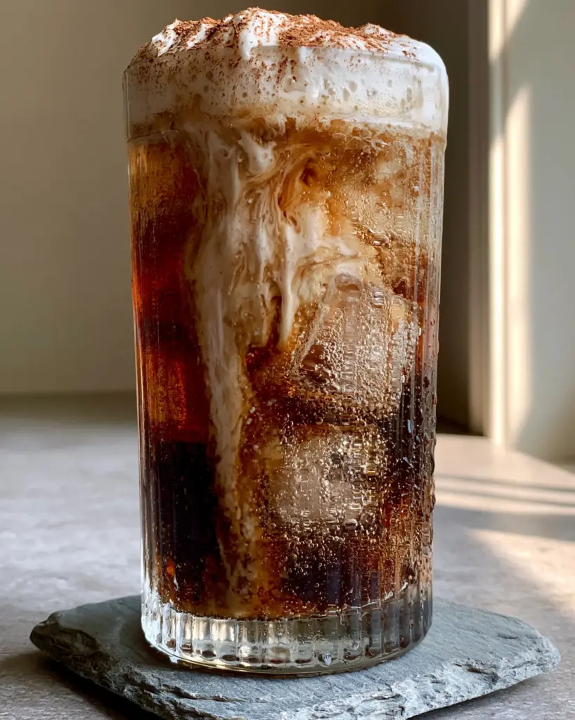 Close up of a creamy root beer rum cocktail showing the thick micro-foamed cream layer and cinnamon powder on a grey stone coaster.