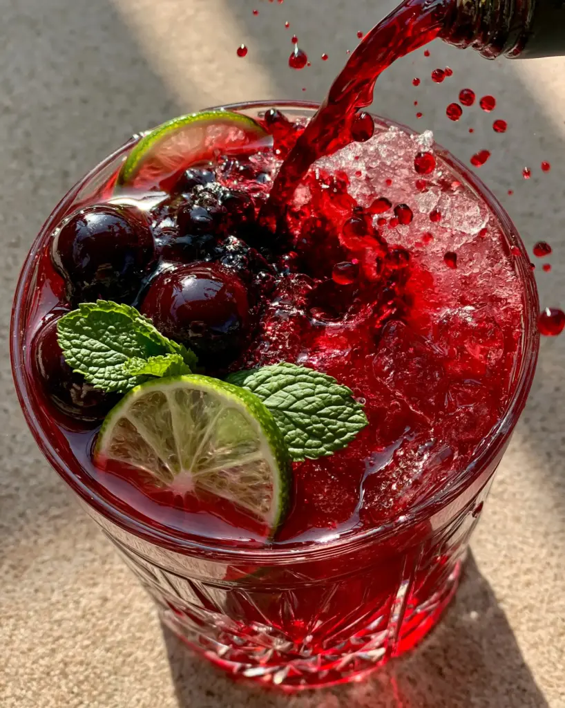 Close-up of crimson-red liquid and fresh mint in a tiki glass on a sandy background.