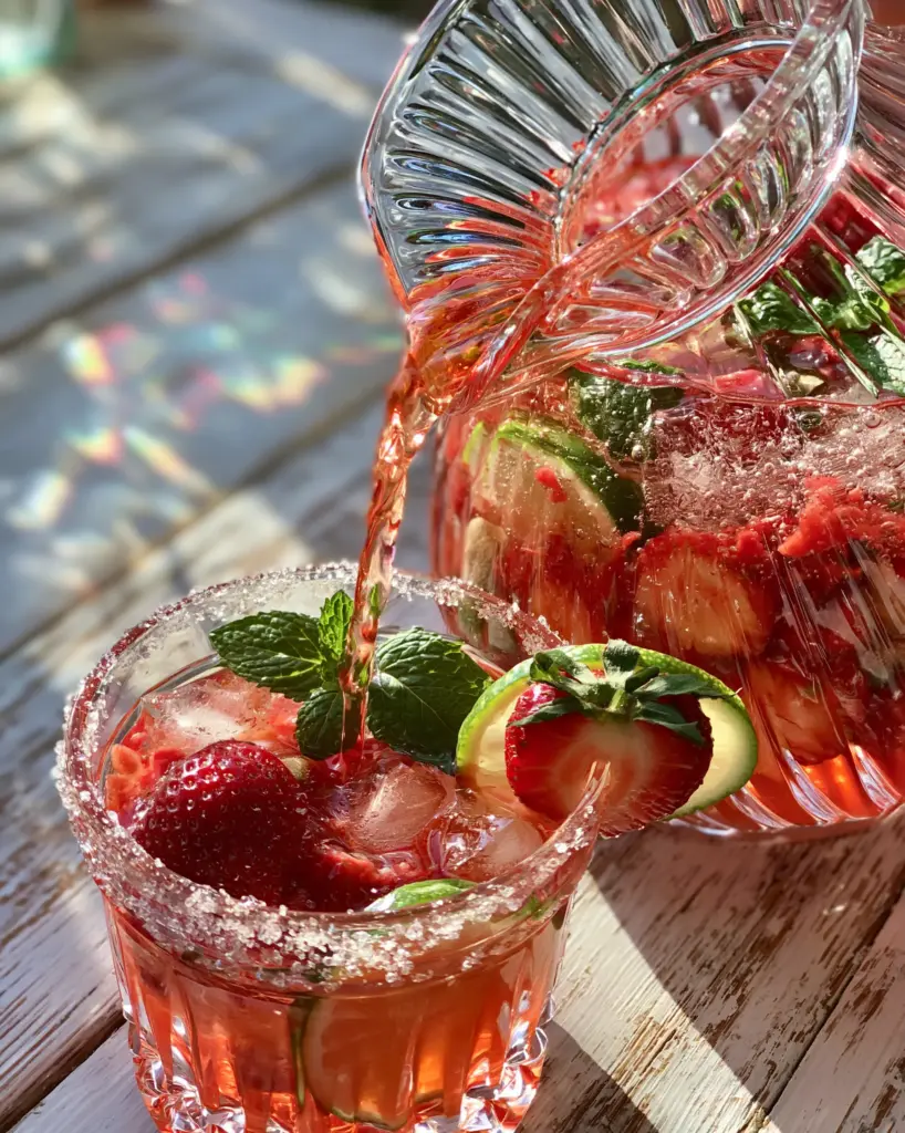 Close up of strawberry rum cocktails in a pitcher filled with ice, lime wheels, mint, and muddled strawberries.
