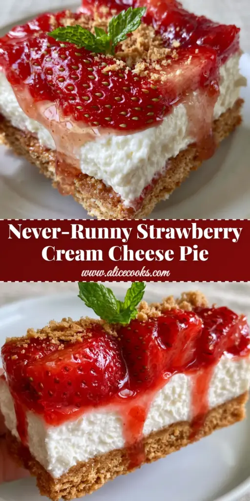 A close-up slice of no-bake Strawberry Cream Cheese Pie with a golden graham cracker crust, a 1-inch white velvety layer, and glossy ruby-red strawberry topping with a mint leaf garnish.