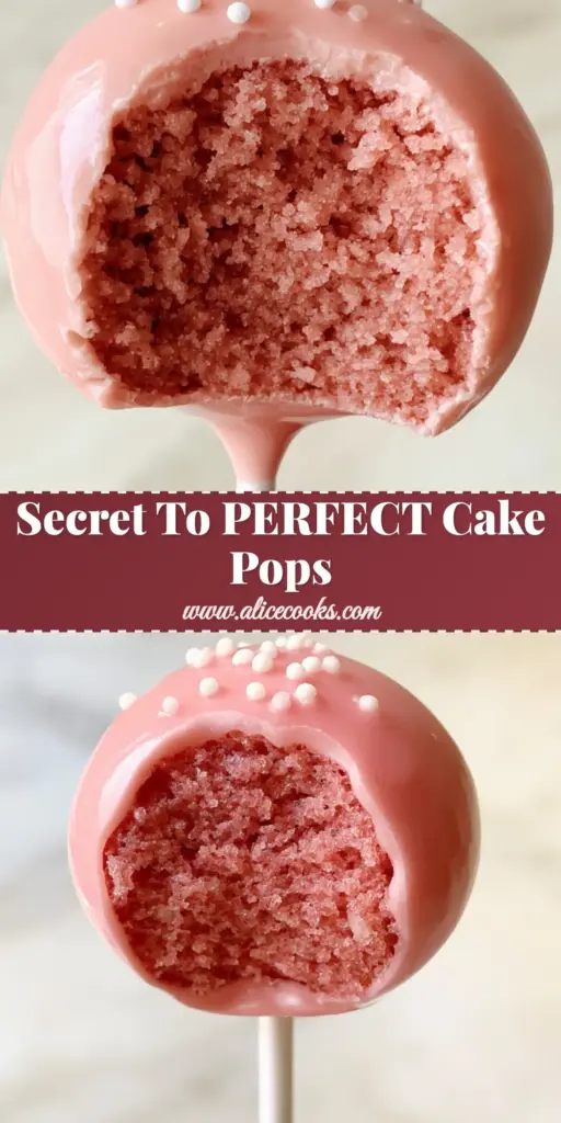 A close-up of a professional pink cake pop with a bite taken out, showing the moist pink crumb interior and glossy pink shell. (Cake Pop Recipe)