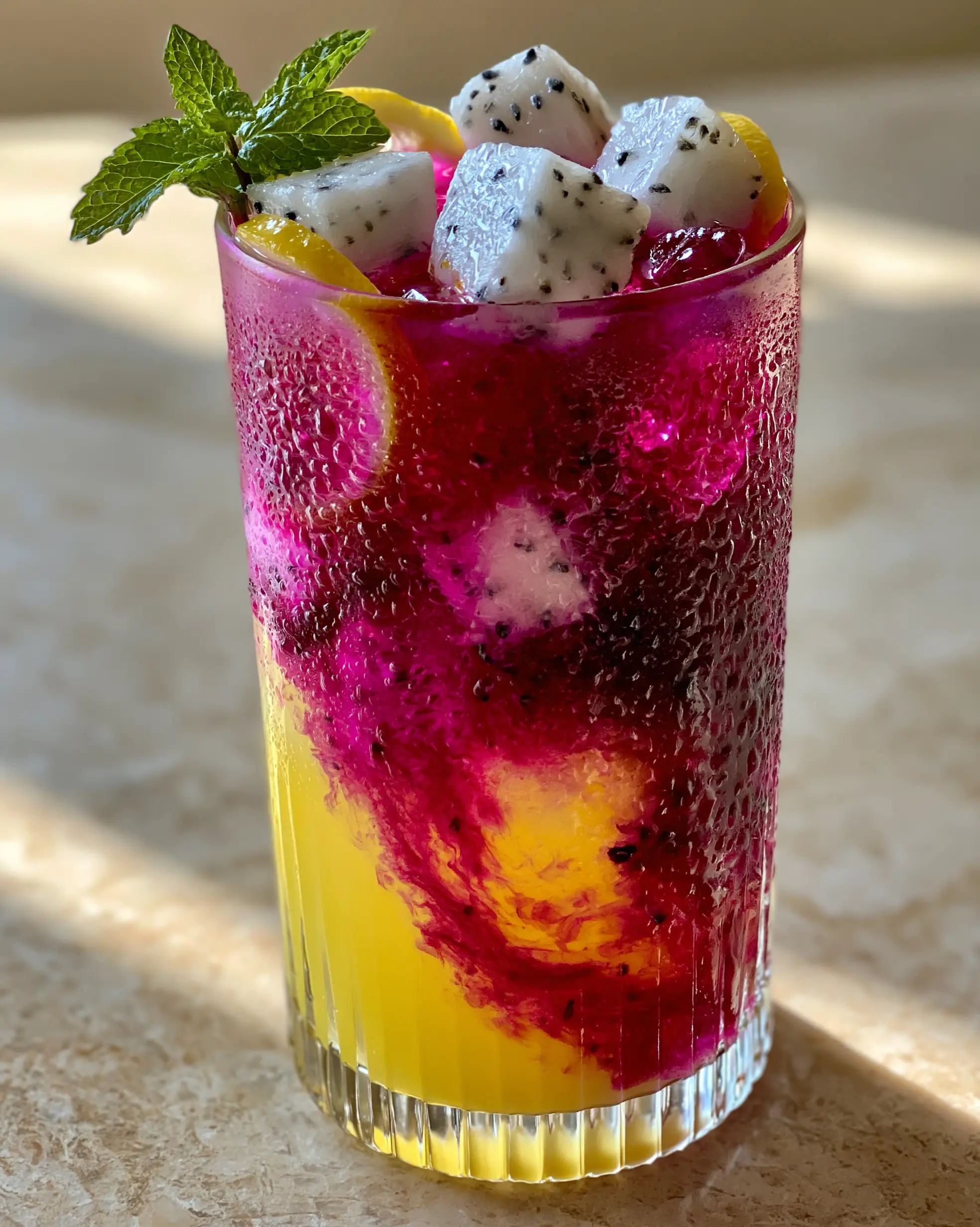 A handheld smartphone photo of dragon fruit lemonade with deep magenta syrup swirling into yellow lemonade in a tall glass with condensation.