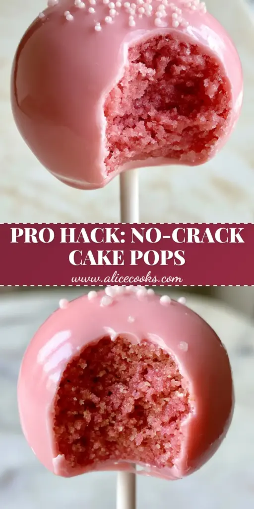 A close-up of a glossy pink cake pop with white nonpareils and a bite taken out to reveal the moist pink interior. (cake pop recipe)
