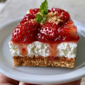 A top-down shot of a rectangular Strawberry Cream Cheese Pie featuring glossy ruby-red glaze and fresh strawberry halves over a velvety white filling.