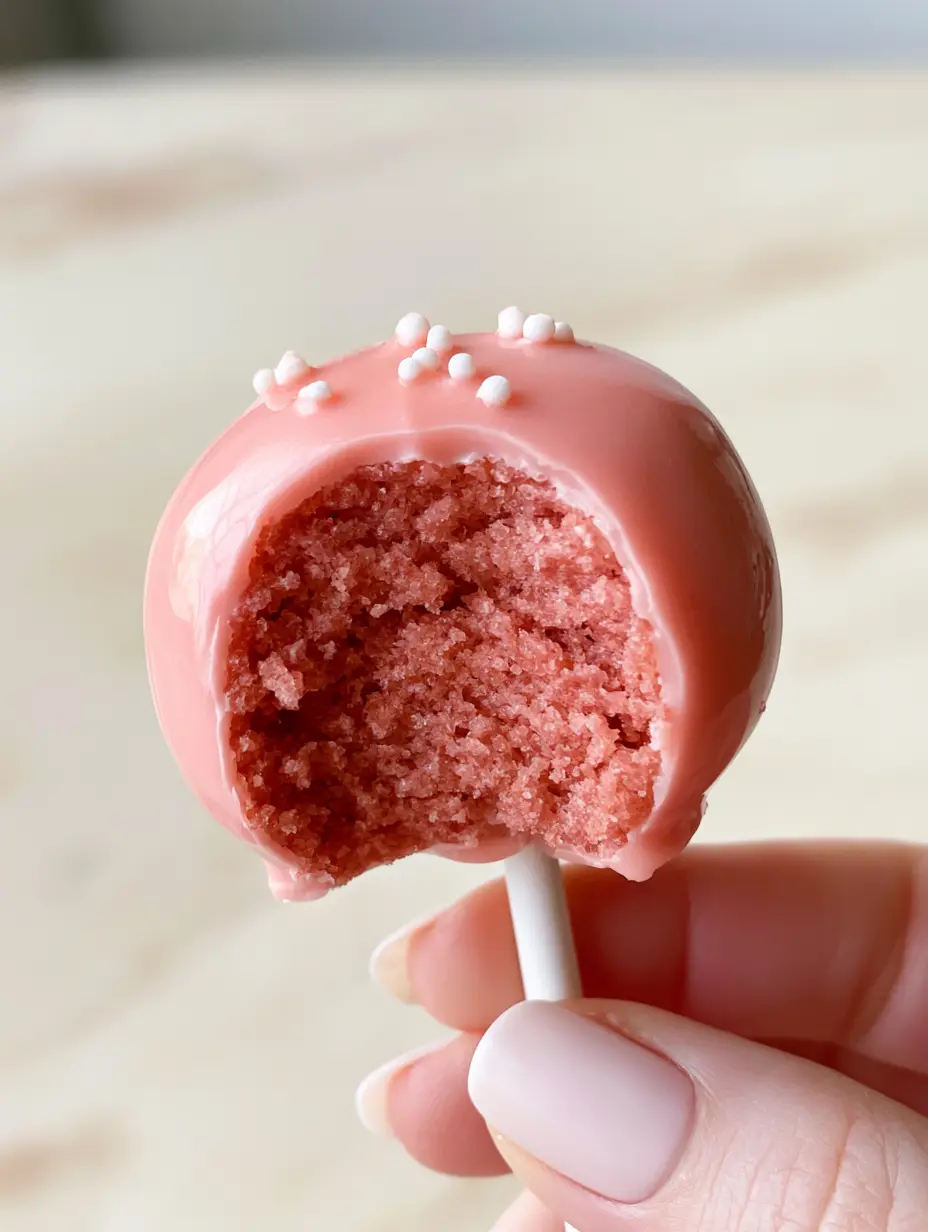 Handheld photo of a single pink cake pop with white sprinkles against a marble background. (Cake Pop Recipe)