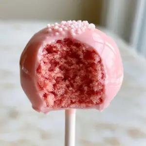 Extreme macro of a smooth, glossy pink candy coating on a cake pop with white sugar pearls. (cake pop recipe)