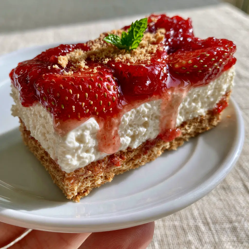 A close-up of the compressed graham cracker crust and the 1-inch velvety cream cheese layer of a Strawberry Cream Cheese Pie.