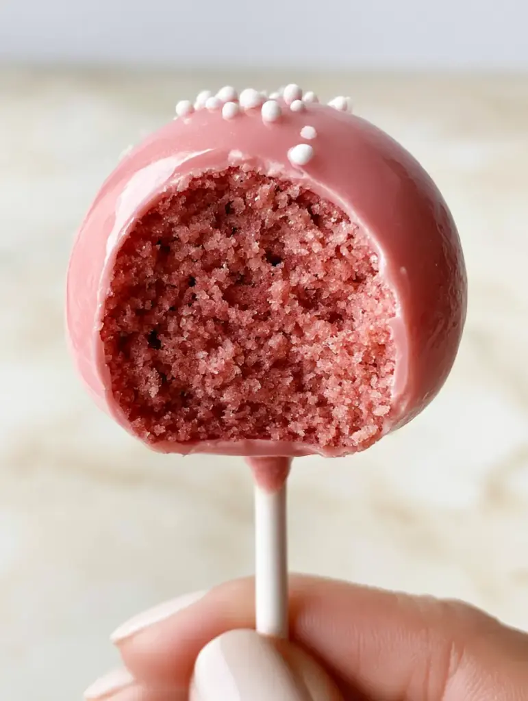 Close up of a pink cake pop revealing a perfectly uniform pink cake crumb. (Cake Pop Recipe)