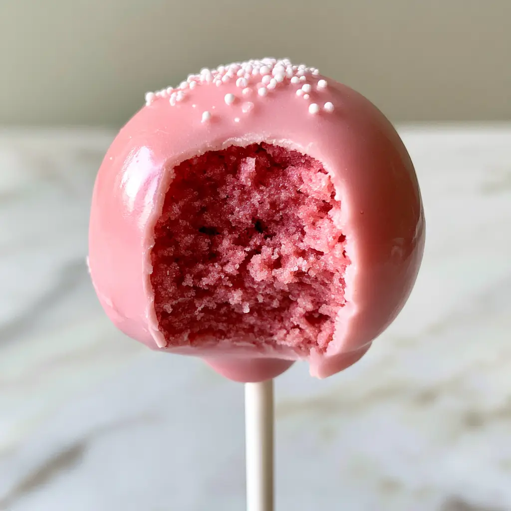A close-up showing the dense and moist fudgy pink vanilla cake crumb inside a pink cake pop. (cake pop recipe)