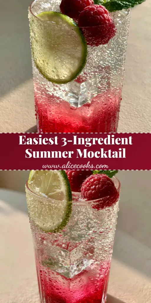 A refreshing summer mocktail in a modern ribbed glass with ruby-red raspberry syrup, clear ice, and sparkling water garnished with mint. (summer mocktails)