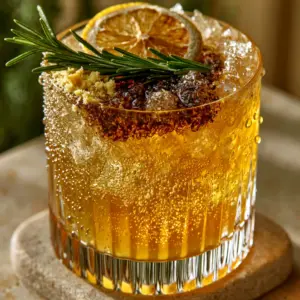 High-angle close-up of a translucent amber-yellow mocktail with effervescent bubbles and crushed ice. (healthy summer mocktail recipes)