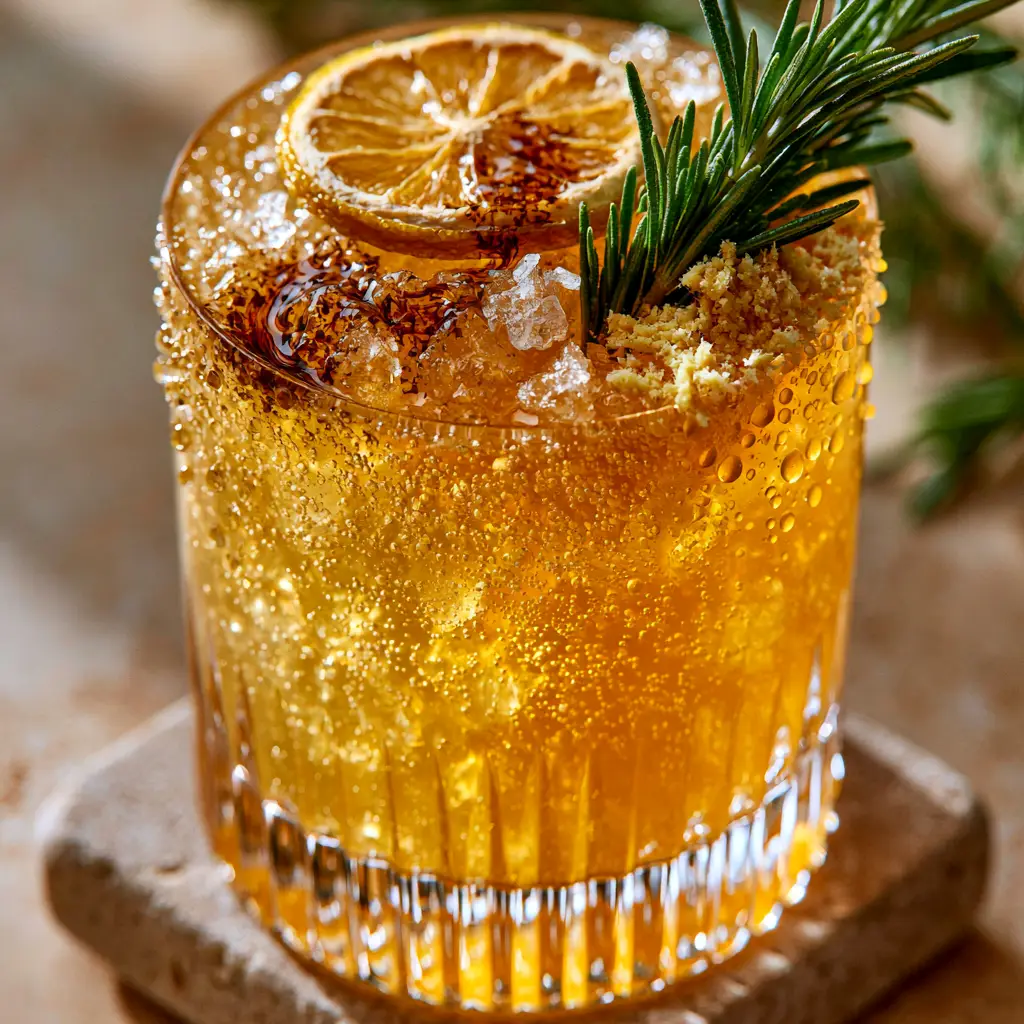 A close-up of a dehydrated lemon wheel and fresh rosemary sprig topping a premium healthy summer mocktail.