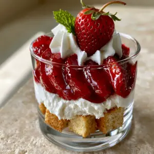 Close-up of stabilized whipped cream peaks and glistening strawberry glaze. (strawberry shortcake dessert)