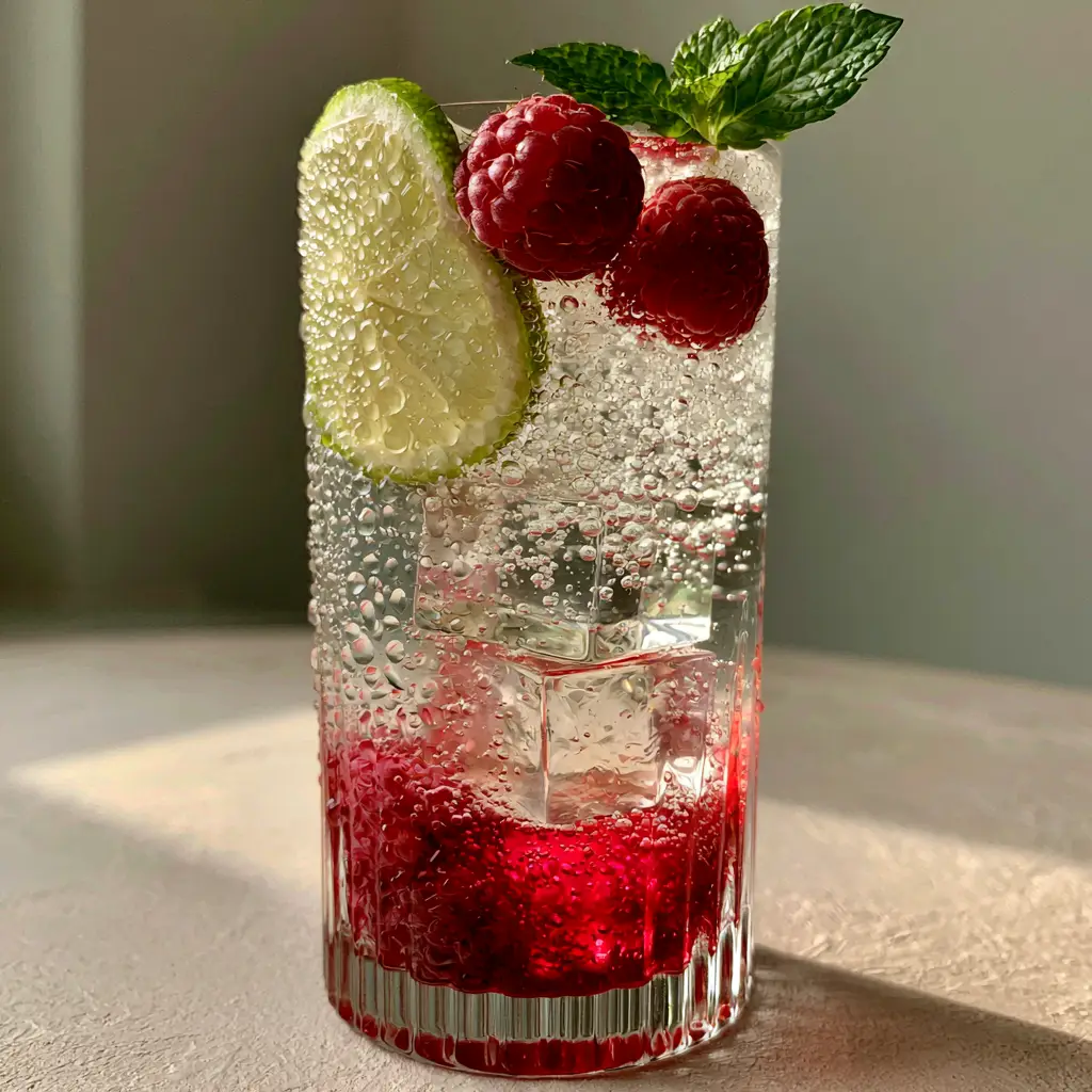 Close-up of effervescent sparkling water and ruby-red syrup in a modern highball glass.
