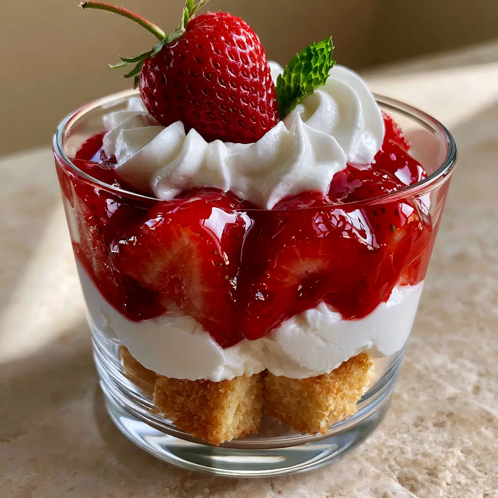 Handheld photo showing the golden pound cake foundation of the strawberry shortcake dessert.