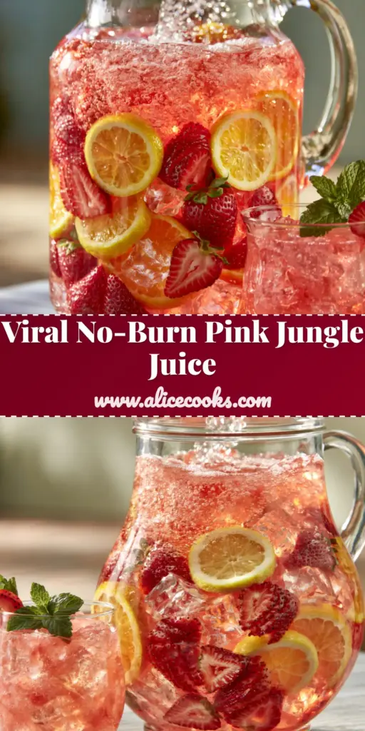 A large clear glass dispenser filled with vibrant pink jungle juice, layered with strawberry slices, lemon wheels, and orange slices. (jungle juice recipe)
