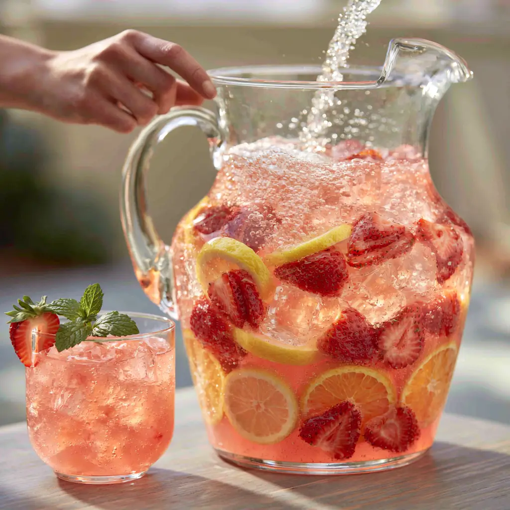 A glass cup of pink jungle juice garnished with a mint sprig and a strawberry on the rim, set on a light wood table. (jungle juice recipe)