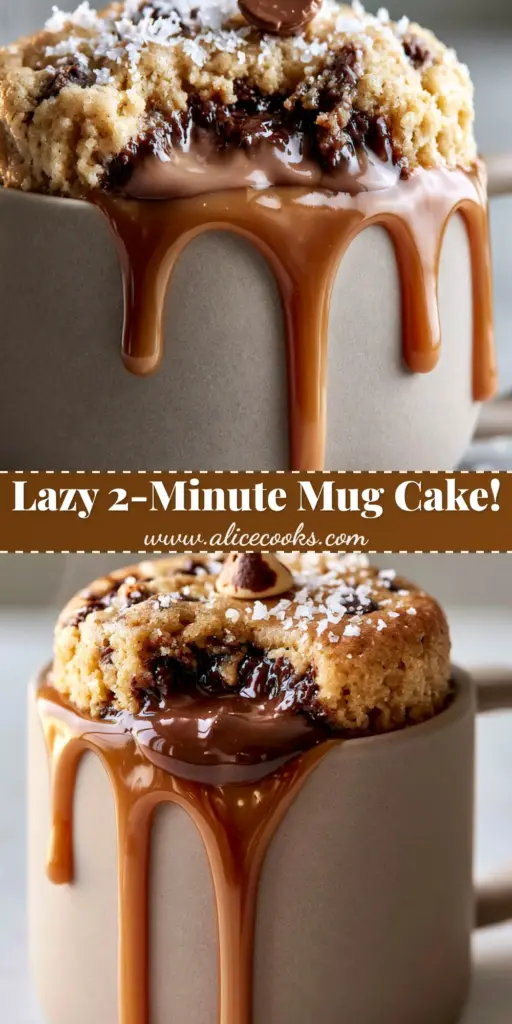 A decadent salted caramel chocolate chip cookie mug cake with a gooey center and caramel drizzle. (microwave mug snacks)