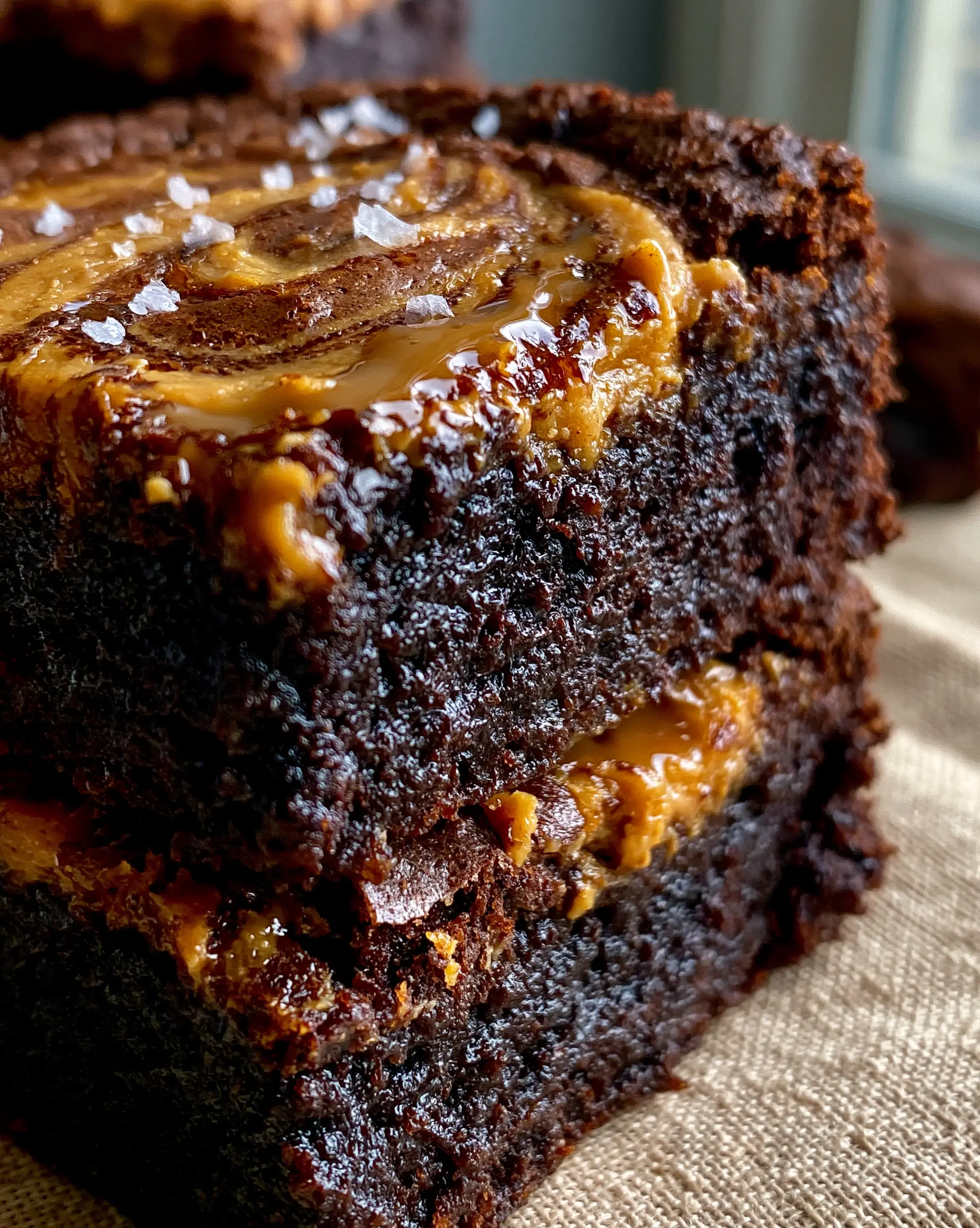 Extreme close-up of a sliced peanut butter brownie showing the moist molten center and marbleized top. (Peanut Butter Brownie Recipe)