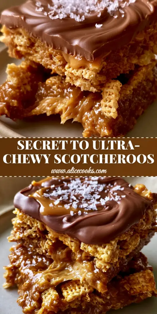 A stack of two thick chex scotcheroos showing a glossy chocolate topping and stretchy peanut butter cereal center on a neutral plate.