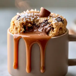 Close-up of a warm cookie dough mug cake with melted chocolate pools and steam. (microwave mug snacks)