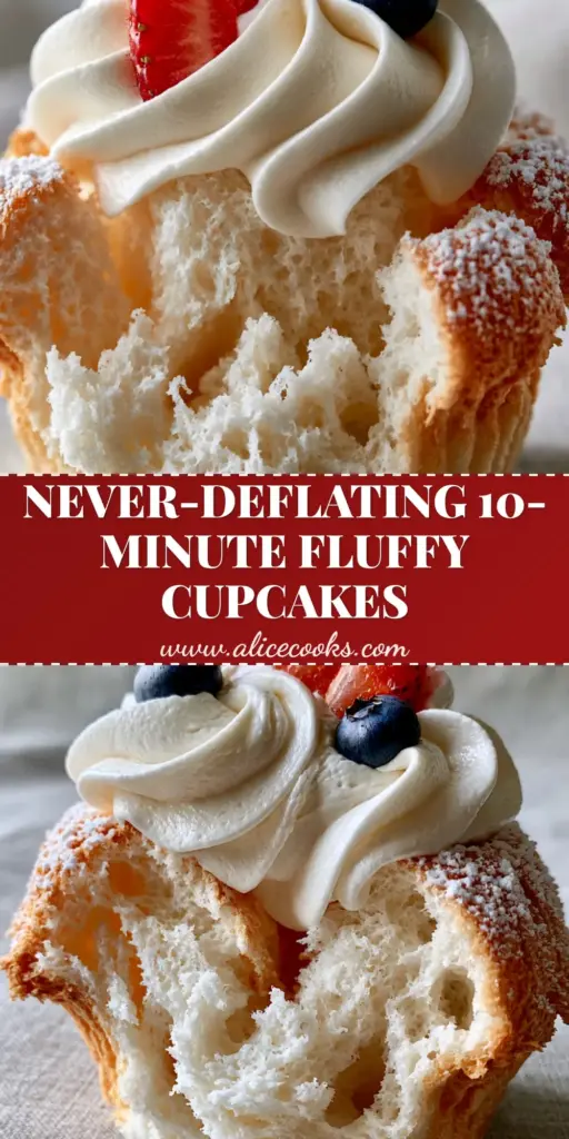 A tall, elegant Angel Food Cupcake topped with thick stabilized whipped cream, a strawberry slice, and three blueberries. (Angel Food Cupcakes)