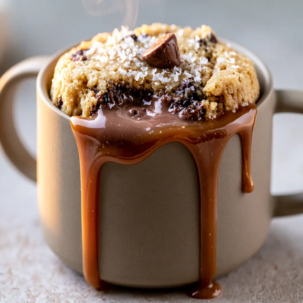 Mouth-watering close up of caramel sauce drizzling down a matte ceramic mug.