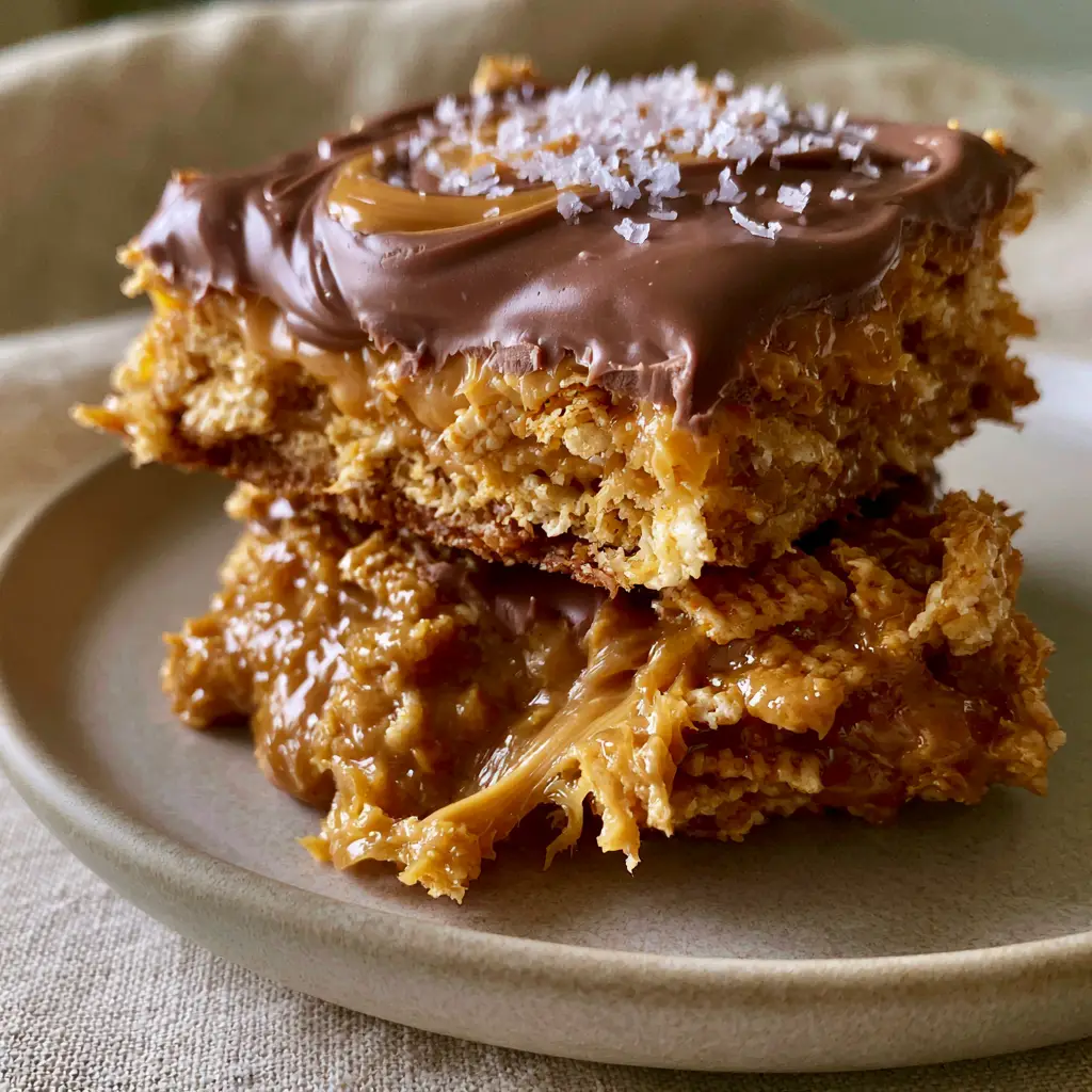 Close up of the glossy milk chocolate and butterscotch swirl on top of chex scotcheroos with flaky sea salt.