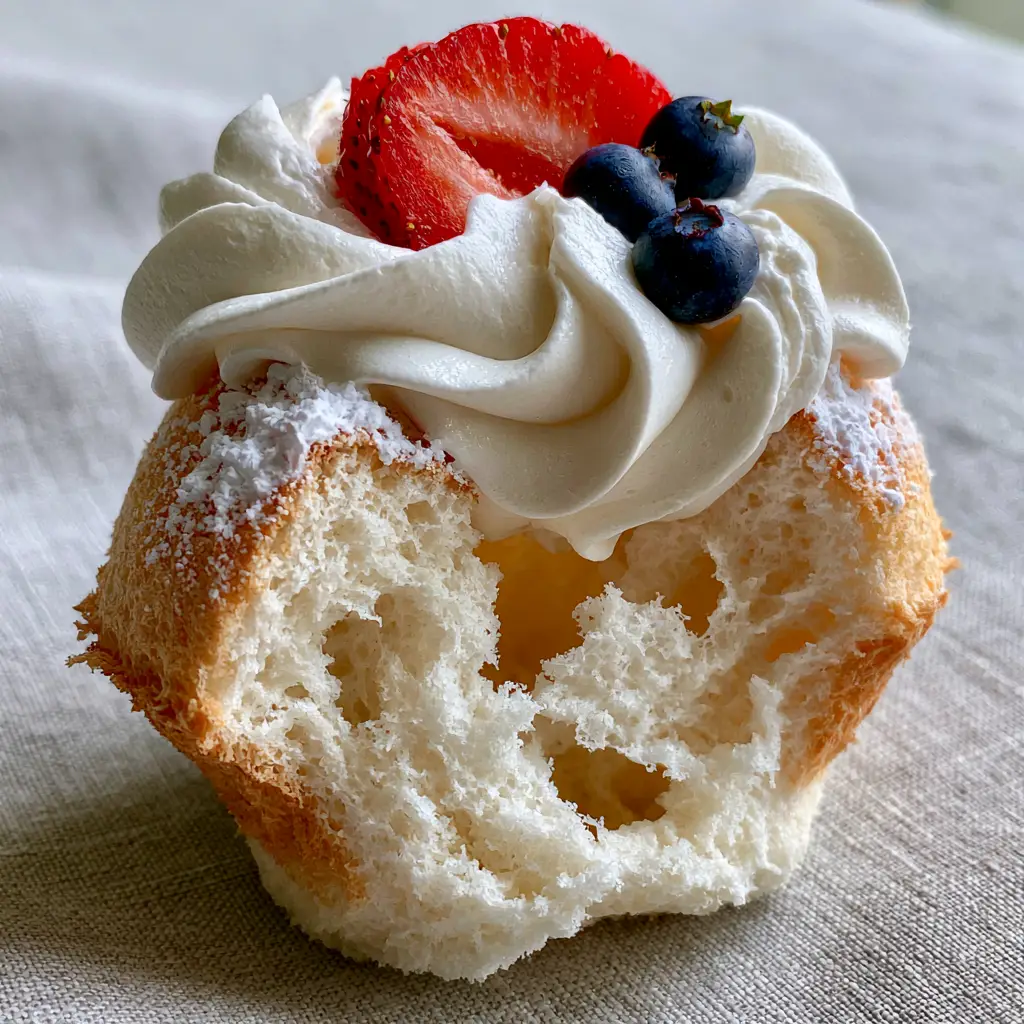 Top-down view of Angel Food Cupcakes garnished with a strawberry slice, three blueberries, and a light dusting of powdered sugar.