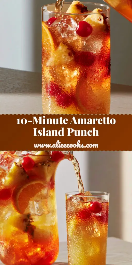 A professional Pinterest pin showcasing a glass pitcher of Amaretto Island Punch with sunset gradients, orange wheels, and fresh mint.